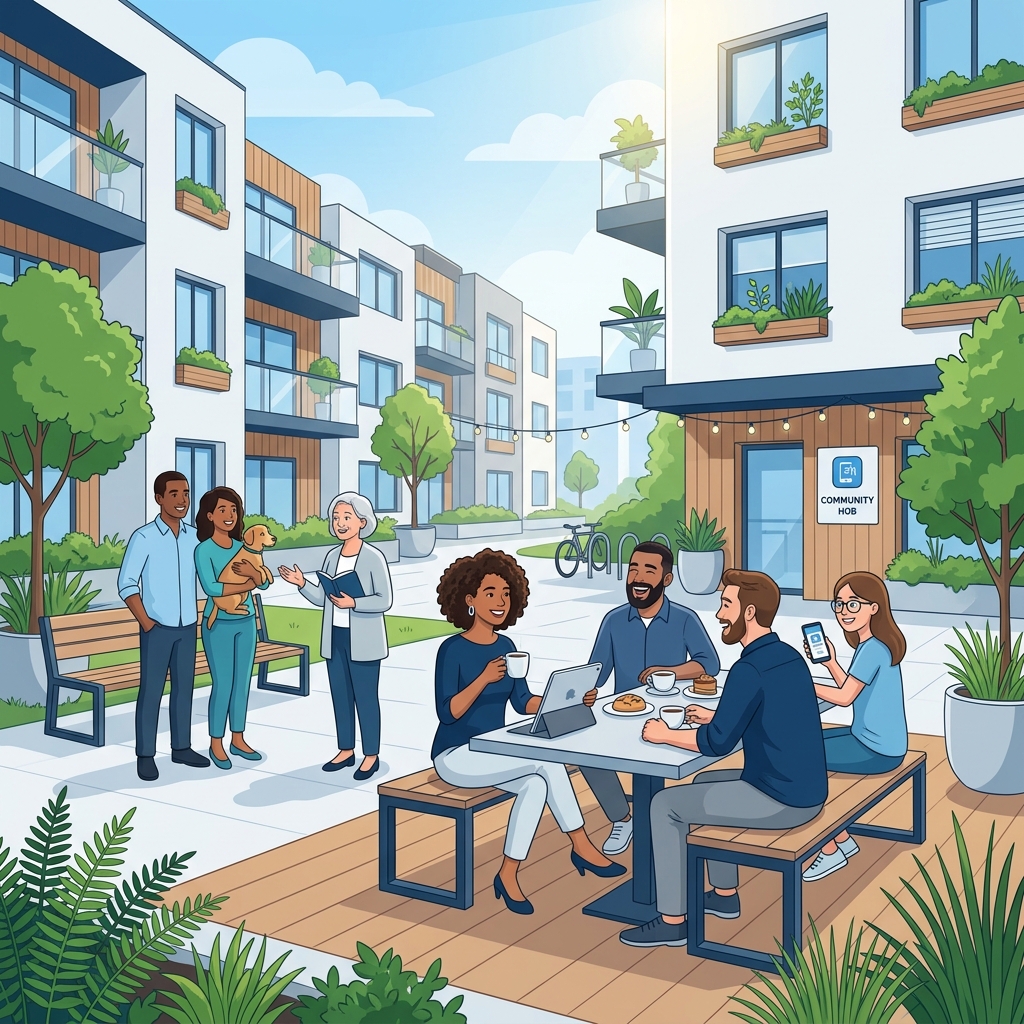 Moradores interagindo e convivendo felizes em um pátio moderno de condomínio